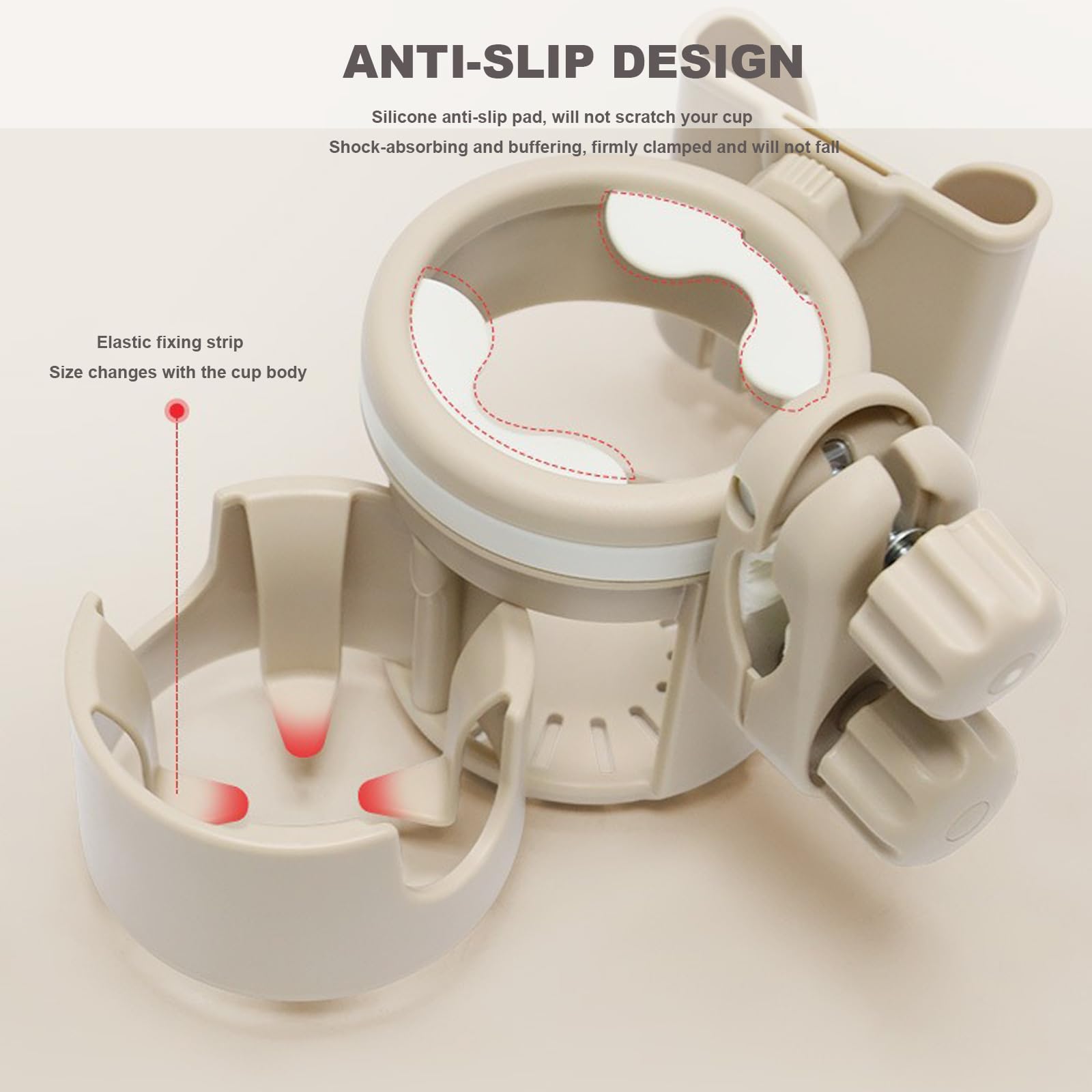 JUMUAO Getränkehalter für Kinderwagen,3in1 Universal Becherhalter,Anti-Rutsch Babyflasche Halter,Kaffeehalter Kinderwagen,Cup Holder für Fahrräder, Mountainbikes und Rollstuhl (Beige)