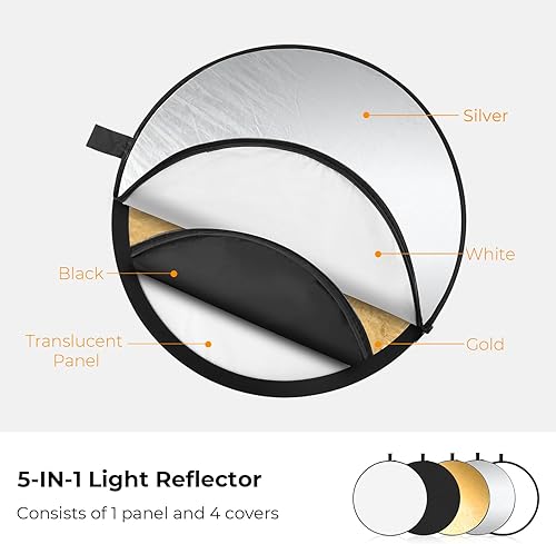 Miniatura 2 de K&F Concept Reflector de luz 5 en 1 32 "(80 cm) Difusor de fotografía plegable portátil para estudio e iluminación al aire libre Oro Plata Blanco