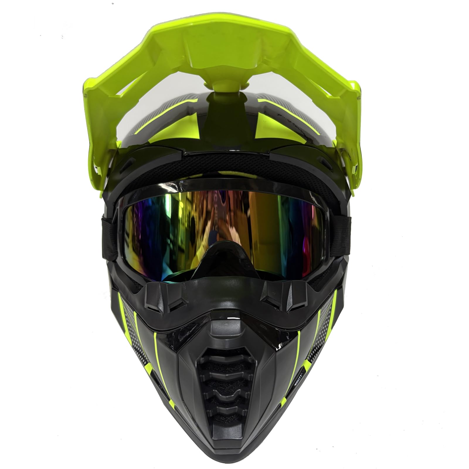 Motorradhelm Downhill Komplettset Kinder - Offroad Helm mit stylischem Heckflügel-Design, Vollvisier, Kinnschutz & Panorama-Brille + Atmungsaktivmaske für Dirt Bike/Quad/MTB(Bright yellow,XL(58~59cm))