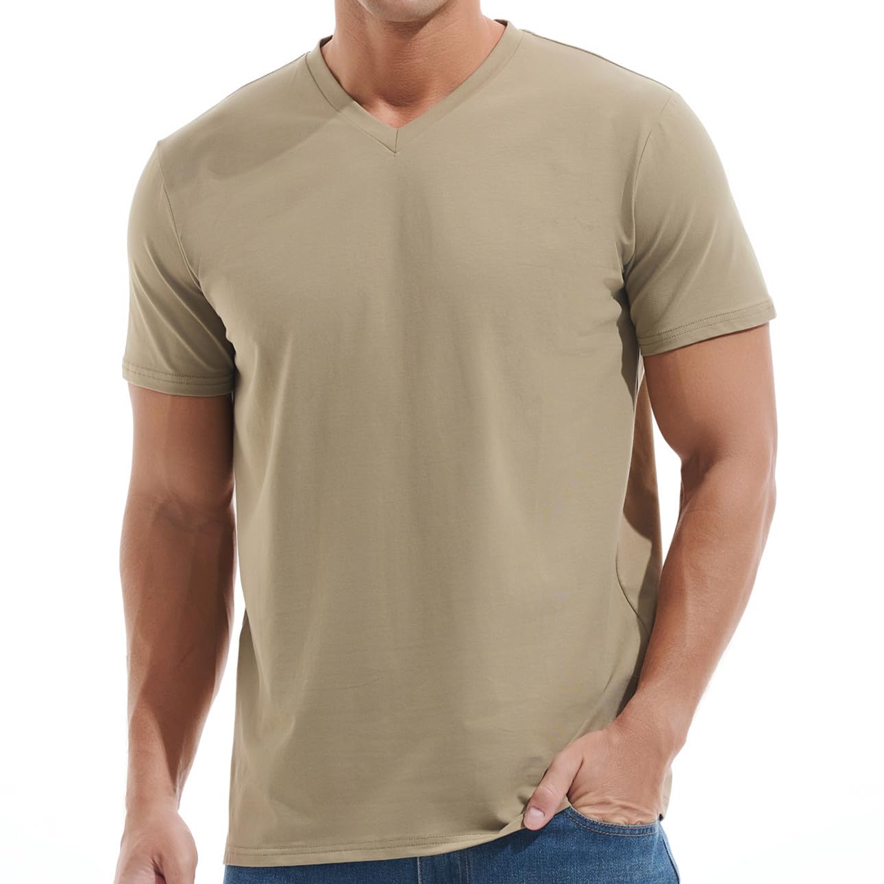VEIISAR Herren V-Ausschnitt T-Shirt, 190g/m², Regular Fit, einfarbig, Stretch Material, weiches Basic Shirt