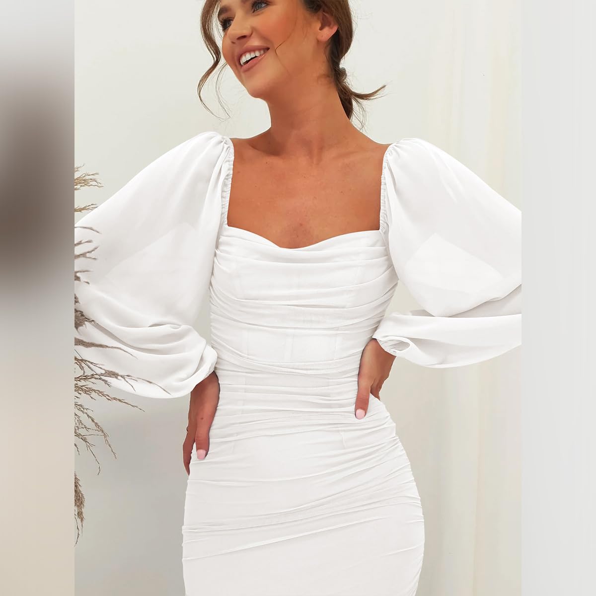 Odizli Damen Elegant Mesh Langarm Bodycon Midikleid Festliche Hochzeit Partykleid