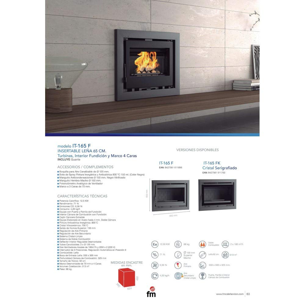 Insert de cheminée 65cm FM IT-165F 12,5kW Foyer en Fonte