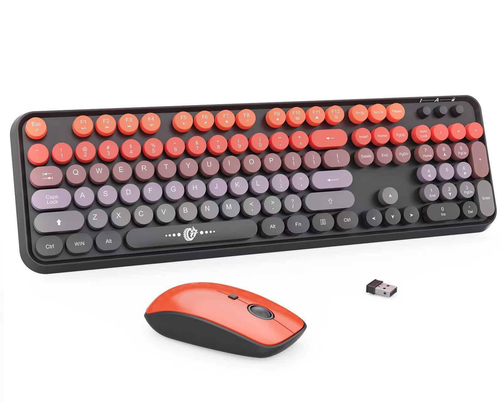 Wireless Keyboard Mouse Combo,Typewriter Cute Retro Style,104 Round Key Colorful Keyboard with Number Pad,Letton Full Size Keyboard Mouse with 3 DPI