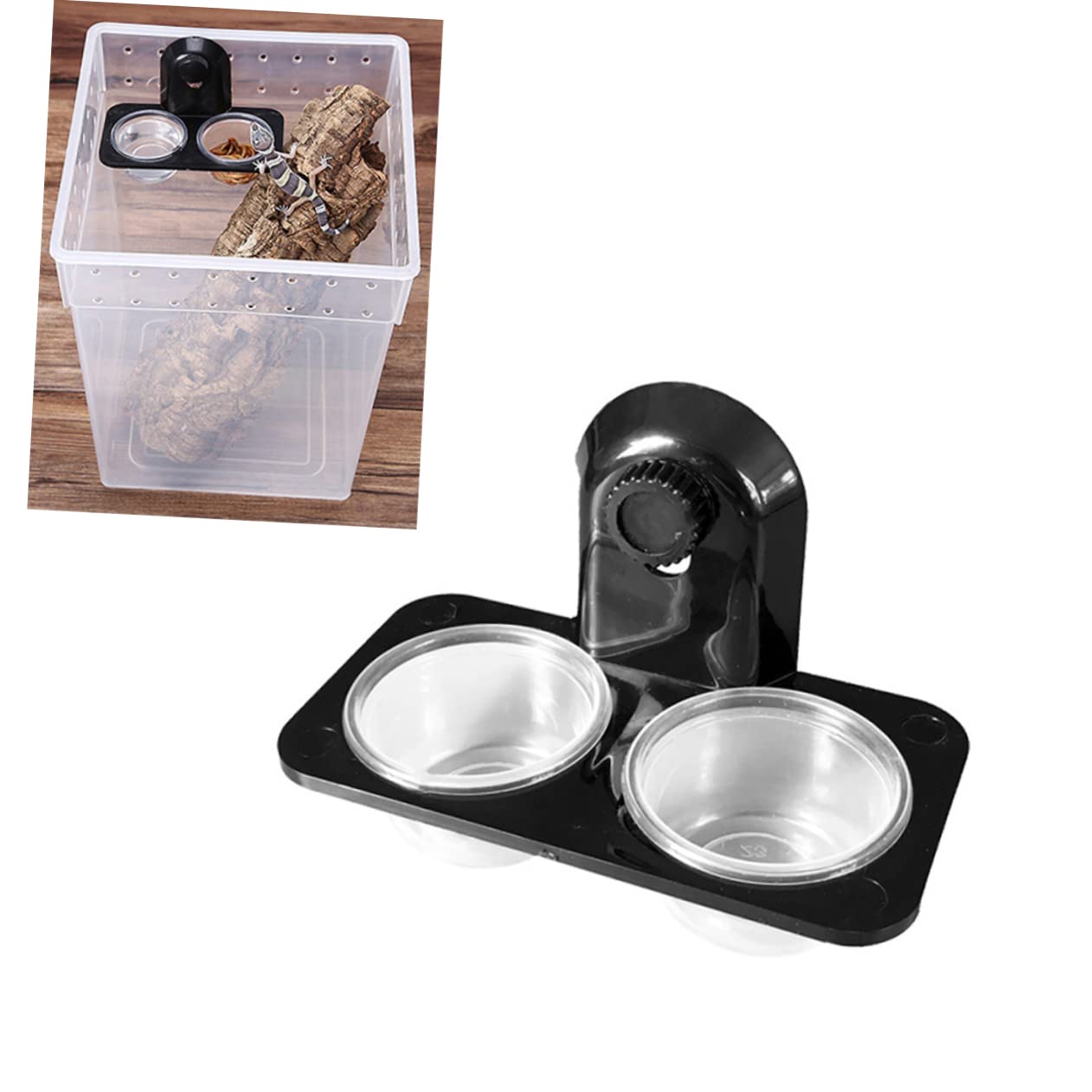 Toddmomy 1Pc Reptile Feeder Bowl with Double Compartment Durable Plastic Food and Water Dish for Lizards Turtles and Crickets for Terrarium Use Black Screw Pattern