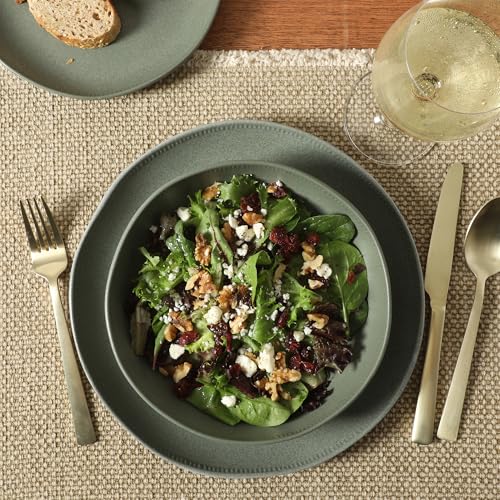 Image of Gibson Elite Menlo Park 16-Piece Pottery Clay Stoneware Dinnerware Set - Green Reactive Glaze, Organic Shape Embossed Plates and Bowls W /Pasta Bowl, Service for 4 - Microwave & Dishwasher Safe