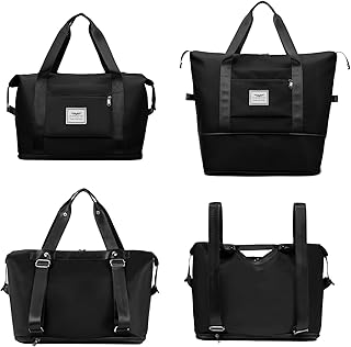 Womens Expandable Travel Duffel Bag with Double Shoulder Strap, Sports Tote Gym Bag with Wet Pocket, Weekend Overnight Bags Water-Resistant Carry On Bag Hospital Holdalls, Black-Upgraded, Travel Duffel Bag With Double Shoulder Strap