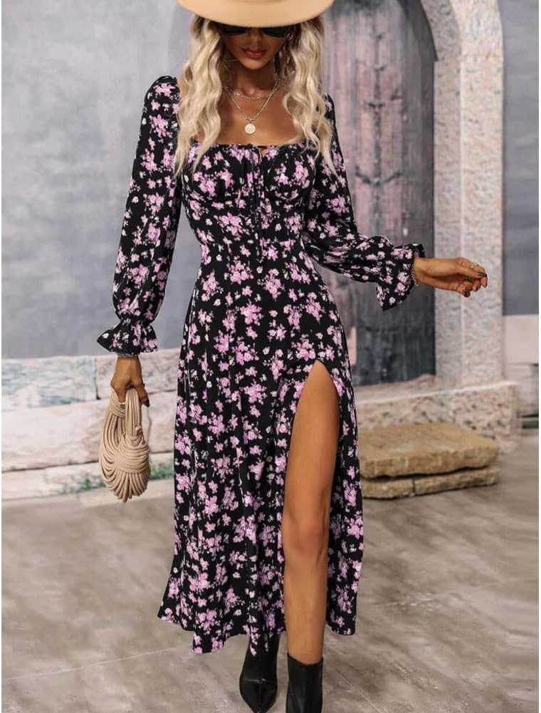 Women’s Floral Square Neck Maxi Dress Bubble Long Sleeve Side Slit Flowy Boho Dresses - Image 7