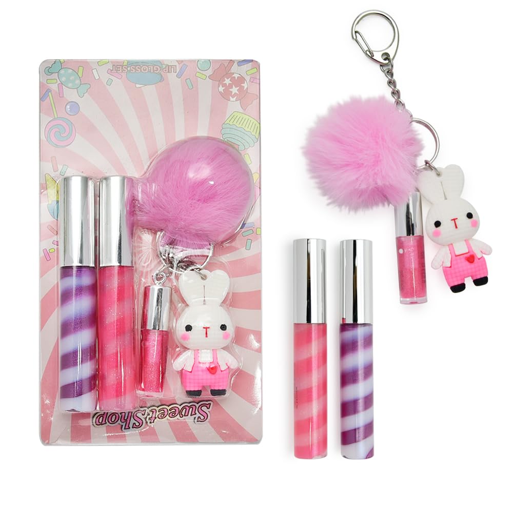 iBi MakeupIBI Lip Gloss Set with Keychain Party Favors for Girls with 3 Moisturizing Lip Gloss Assorted Flavours
