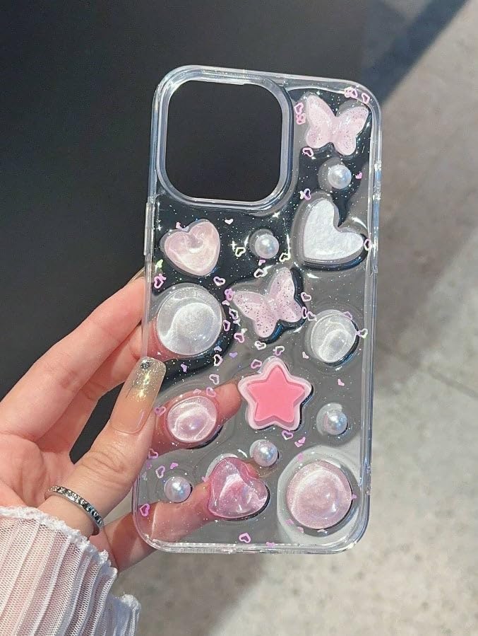 Image of COVERLY for iPhone 12 Pro 3D Luxury Butterfly Resin Phone Case,Trendy Translucent Cute Hard Epoxy Art Crystal Clear -Non Yellowing Love Heart Embossed Pearl Princess Cover for Apple iPhone 12 Pro