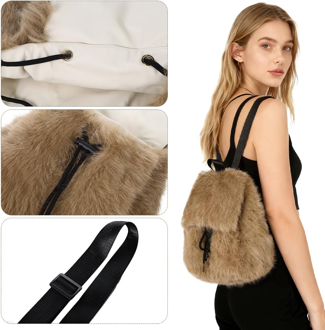 Cute Furry Backpack Faux Fur Shoulder Bag Fuzzy Small Daypack Satchel Purse Lovely Rucksack Travel Bag for Women Girls - Image 5