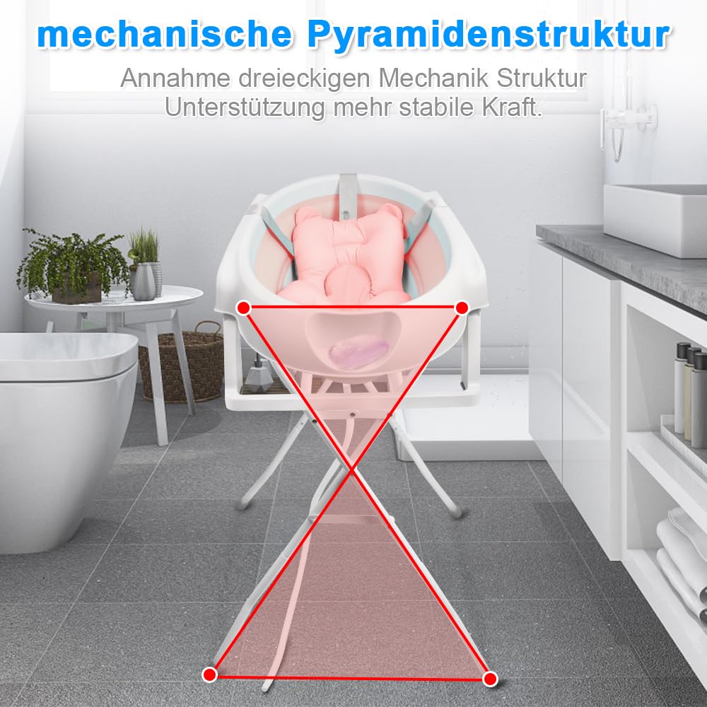 OHMG Bañera para bebé con estructura de 82 cm, bañera plegable para bebés con soporte antideslizante, bañera para bebés recién nacidos, gran volumen (rosa-66 x 61 x 82 cm)