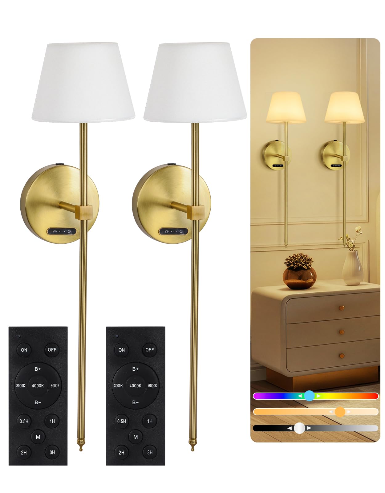 OUTON Pack of 2 Wireless LED Wall Sconces – Rechargeable with Remote and Touch Control, RGB & 3 Temperatures, Dimmable, Timer, Memory, for Bedroom, Hallway, Living Room (Gold)