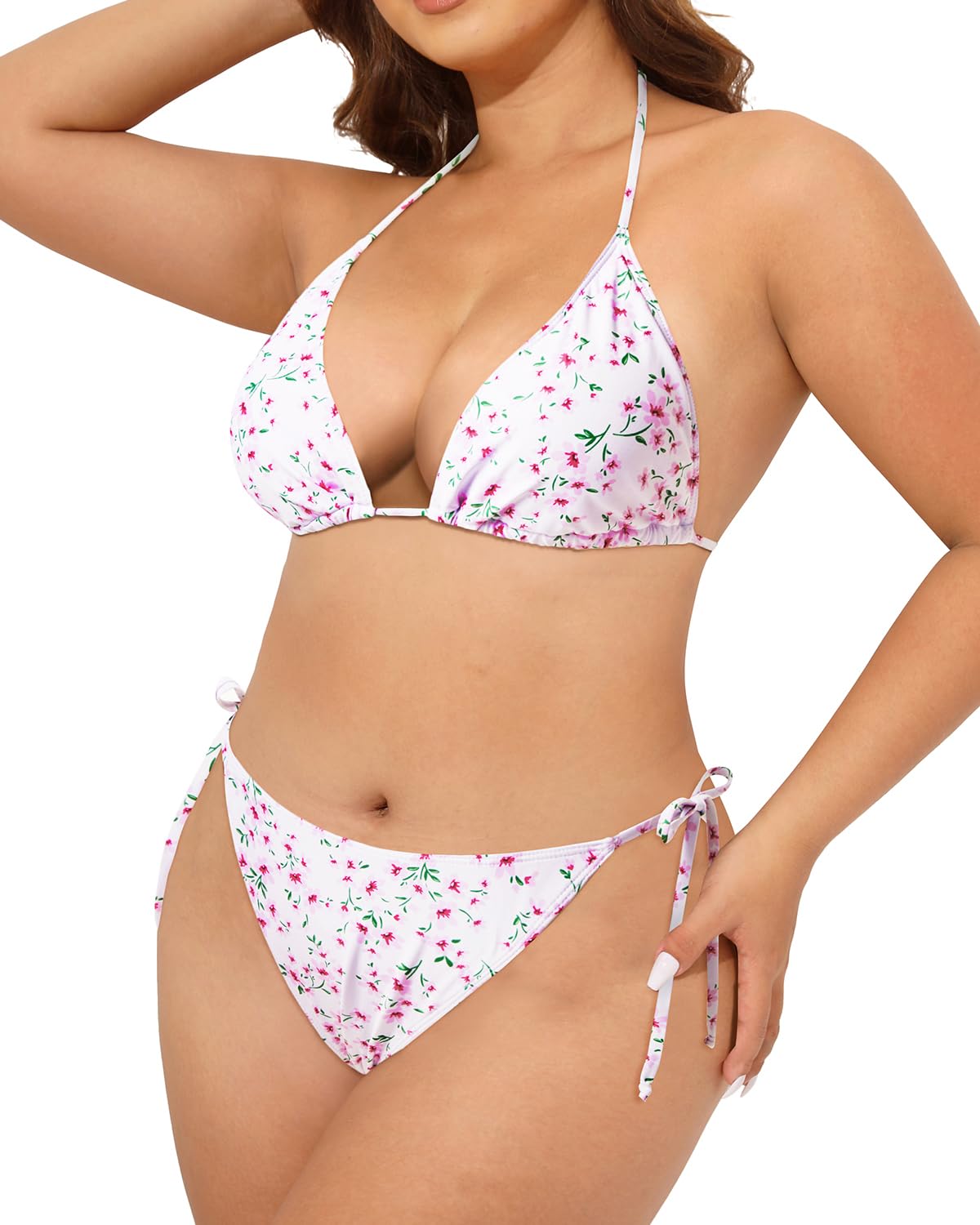 Tempt Me Women Plus Size Triangle Bikini String Two Piece Halter Tie Side Swimsuit: 20 Plus Pink Flower