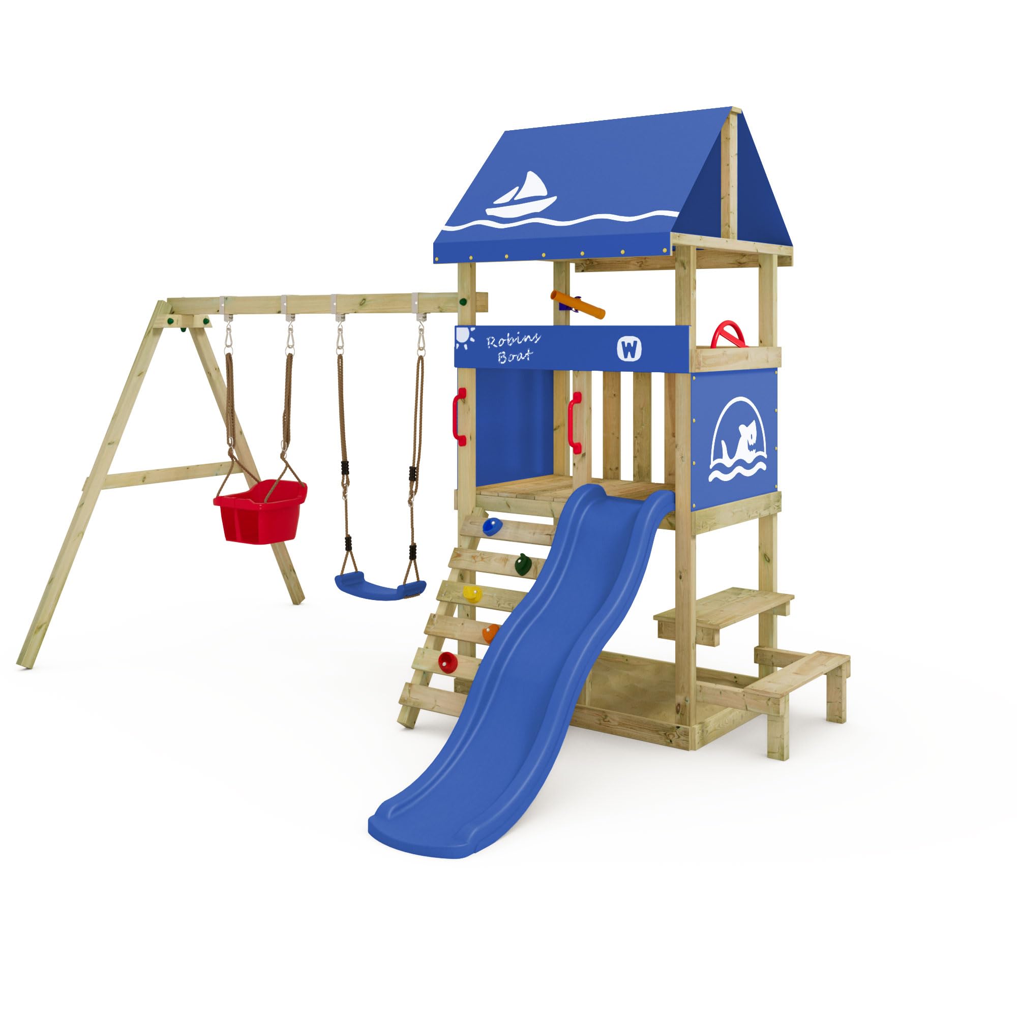 Wickey Torre de juegos DinkyHouse con mesa de pícnic, tobogán azul y lona, torre de escalada infantil para el jardín de madera maciza, 334 x 317 x 247 cm