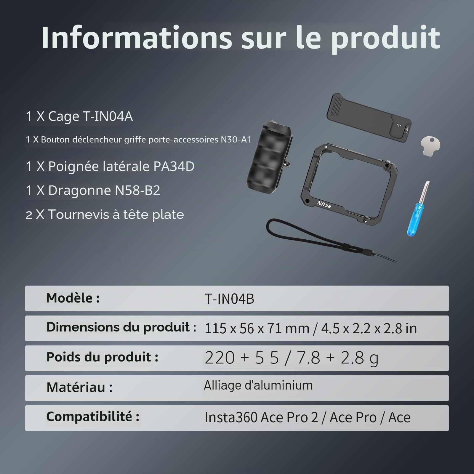 Nitze Xplorer Grip Kit pour Insta360 Ace Pro 2/Ace Pro/Ace, Kit de Poignée Xplorer avec Poignée Latérale Ergonomique, Cage Ace Pro 2, Prend en Charge la Prise de Vue Verticale et Horizontale - T-IN04B