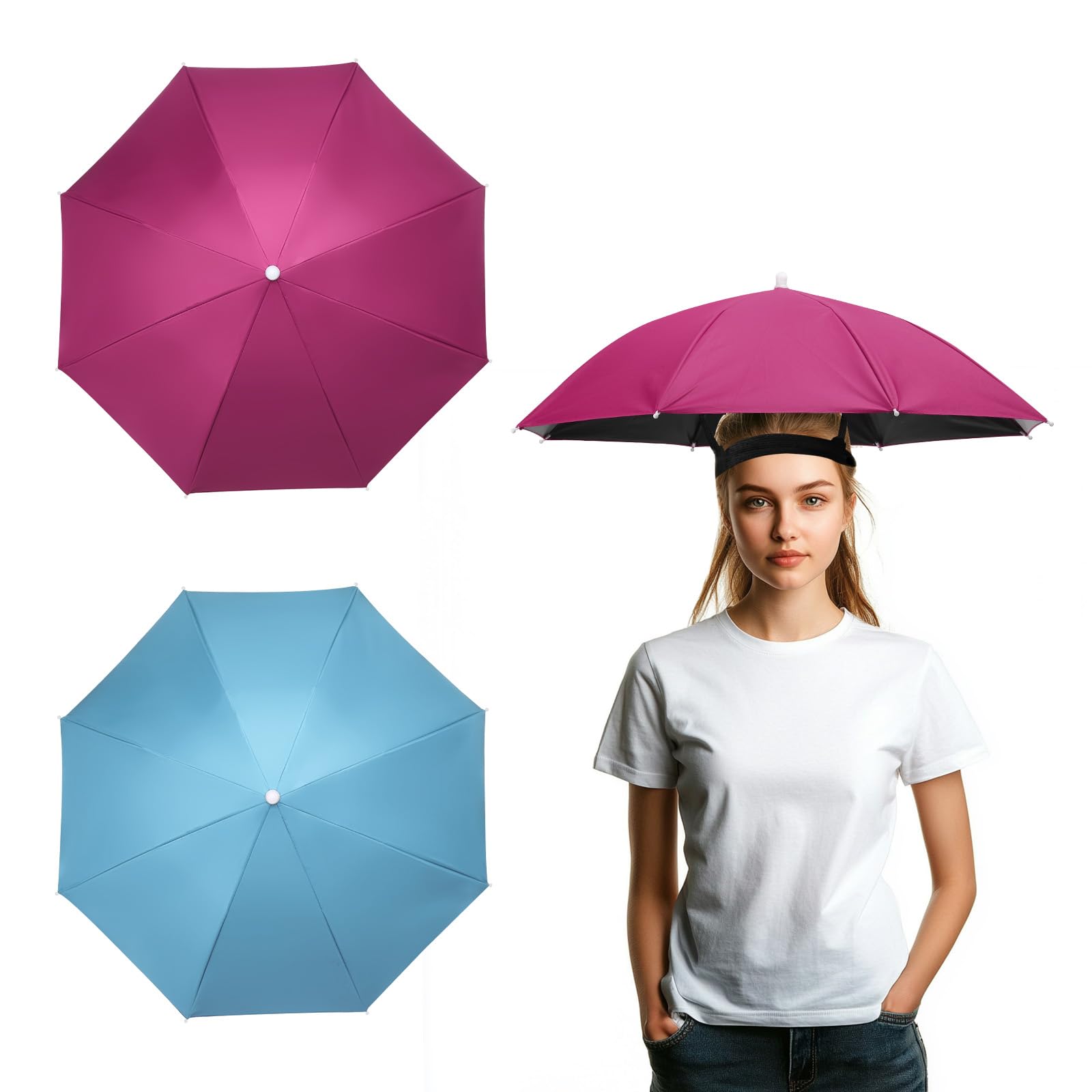 YELARXI Umbrella Hat, Fishing Hat Hands Free Waterproof Adjustable Sun Rain Cap Hat with Elastic Band Fit for Women Men Fishing Camping Gardening Beach Outdoor(2 Pack, Sky Blue/Rose Red)