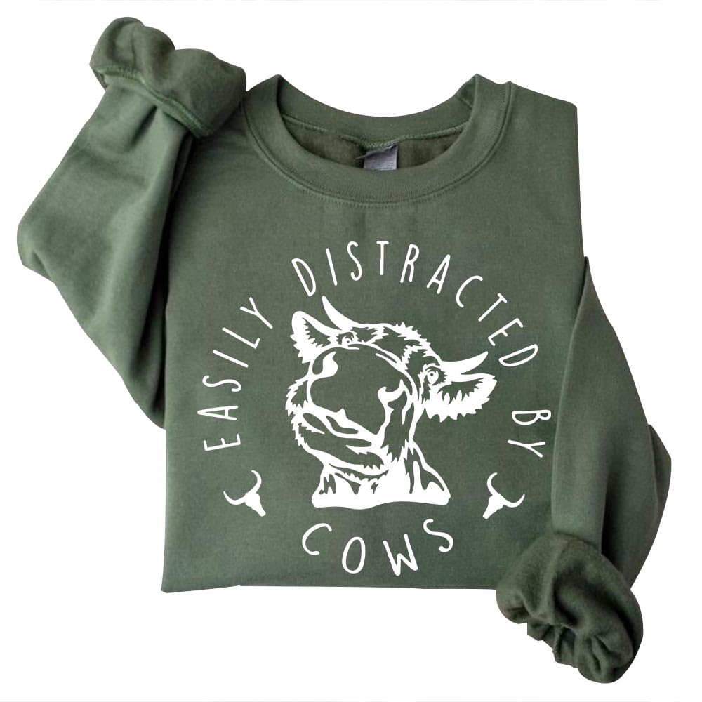 DIOMMELL Easily Distracted By Cows Sweatshirt Funny Cow Crewneck Farm Animal Sweatshirt