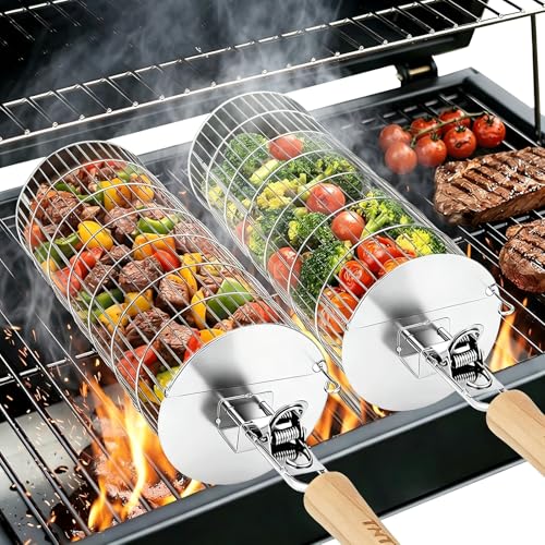 TNTOR Rolling Grill Basket Larger 304 Stainless Steel Nesting Grilling Net Removable Handle BBQ Accessories Tools for Veg Shrimp Outdoor Cooking Camping Fathers Day grilling gifts for men Dad