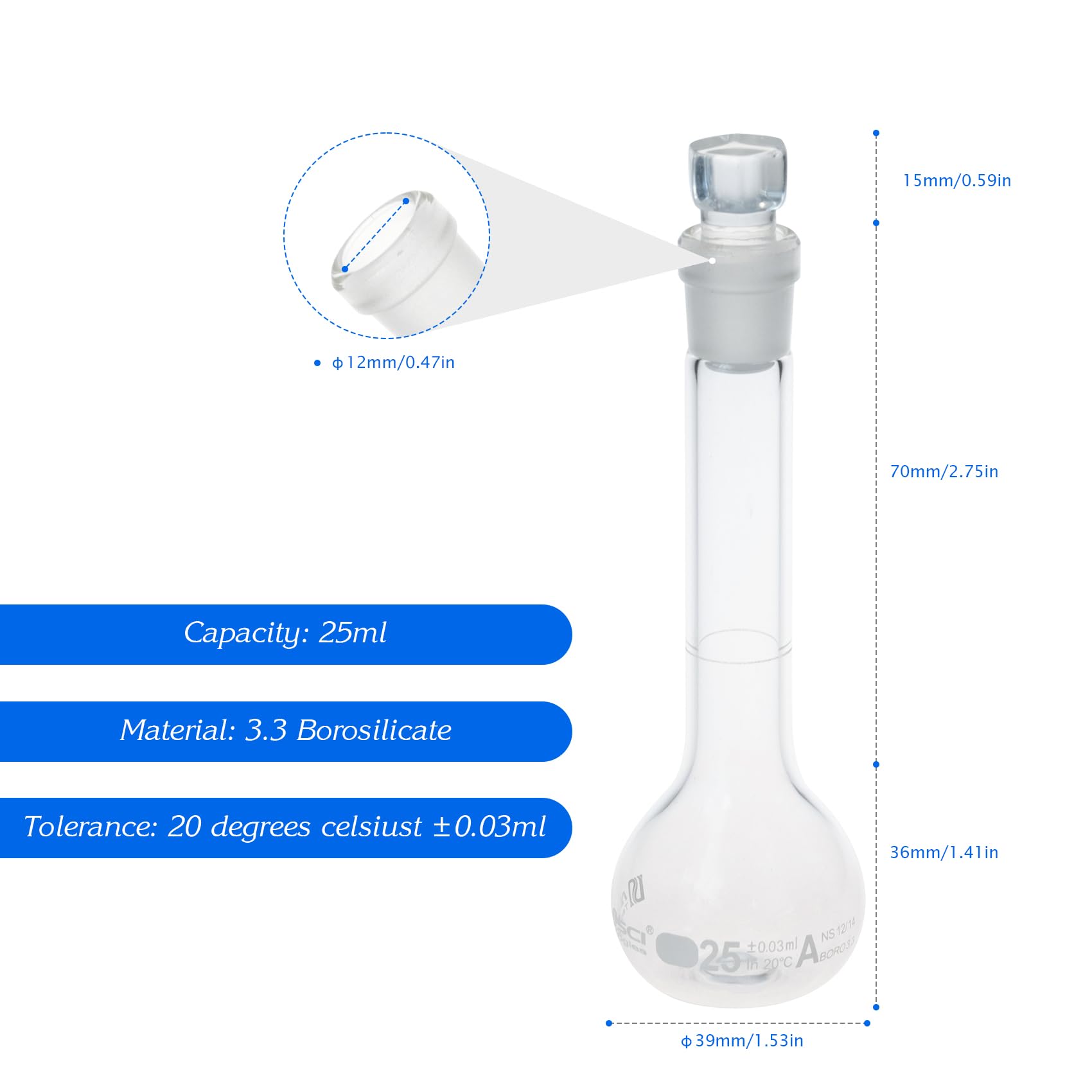 ALWSCI 2 Pezzi 25 mL Matraccio Volumetrico Matracci Tarati da Laboratorio con Tappo in Vetro, Vetro Borosilicato 3.3, Classe A, Matraccio Graduato per Laboratorio