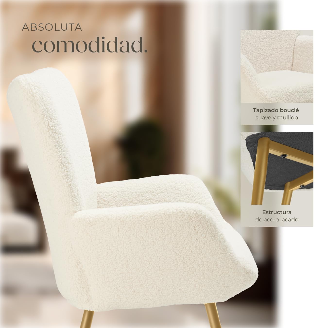 tectake® Sillón Orejero Estilo Escandinavo, Butaca de Salón con Tapizado en Tejido Bouclé, Sillón Lectura con Respaldo Ergonómico, Ideal Mueble de Salón, Topes en Patas, hasta 150kg - Crema/Dorado