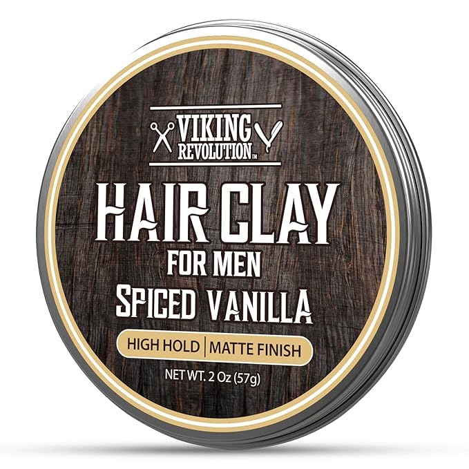 Image of Viking Revolution Spiced Vanilla Hair Clay for Men - Matte Finish, Texturizing Clay Pomade for Men with Jojoba Oil and Vitamin E - Effortless Hair Styling Cream - Strong Hold, Natural Finish (2 oz)