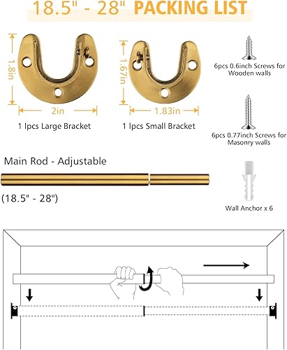 Miniatura 6 de FIRJOY Barras de armario para colgar ropa, resistentes, longitud ajustable (#2 dorado, 18.5 - 28 pulgadas)