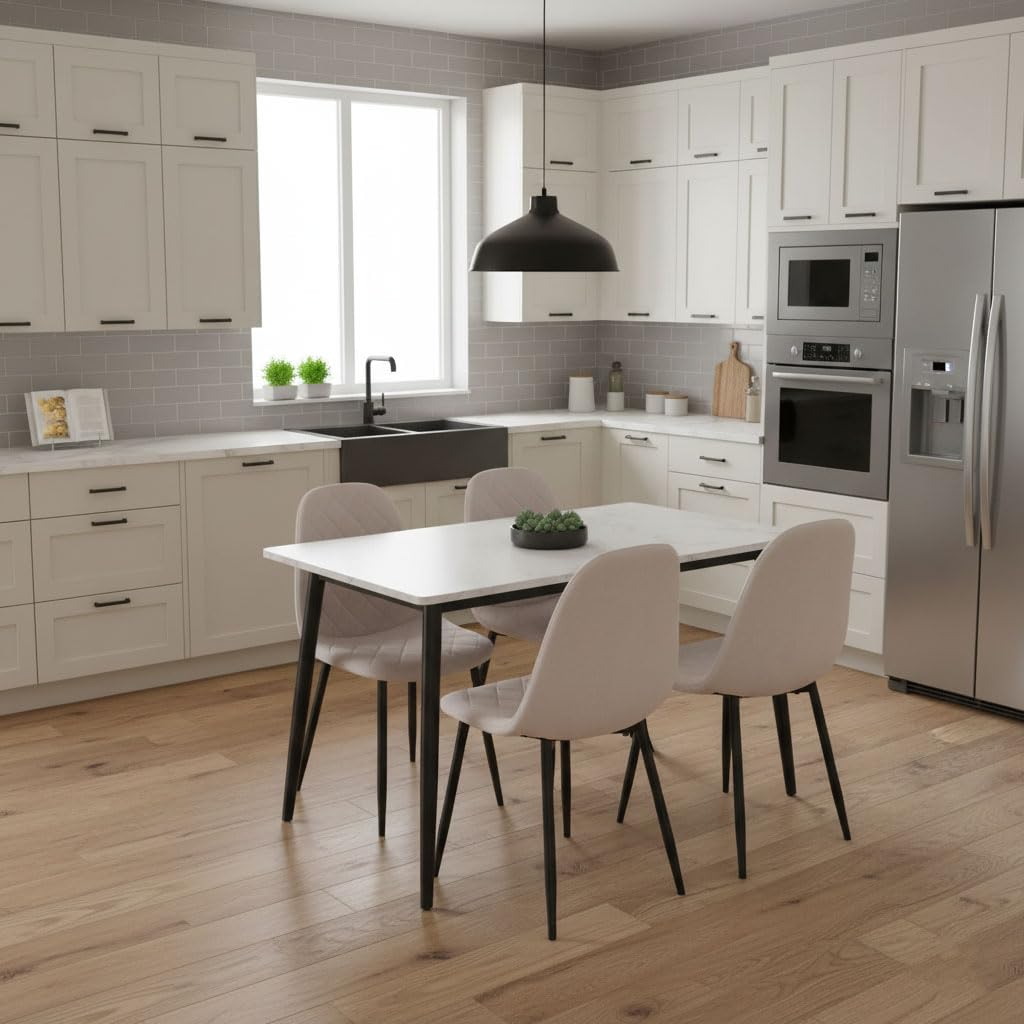 Set tavolo da pranzo e 4 sedie da sala da pranzo imbottite in velluto trapuntato, Tavolo da cucina rettangolare 120x70cm con top effetto marmo e gambe in metallo - Vasco e Laura (Panna)