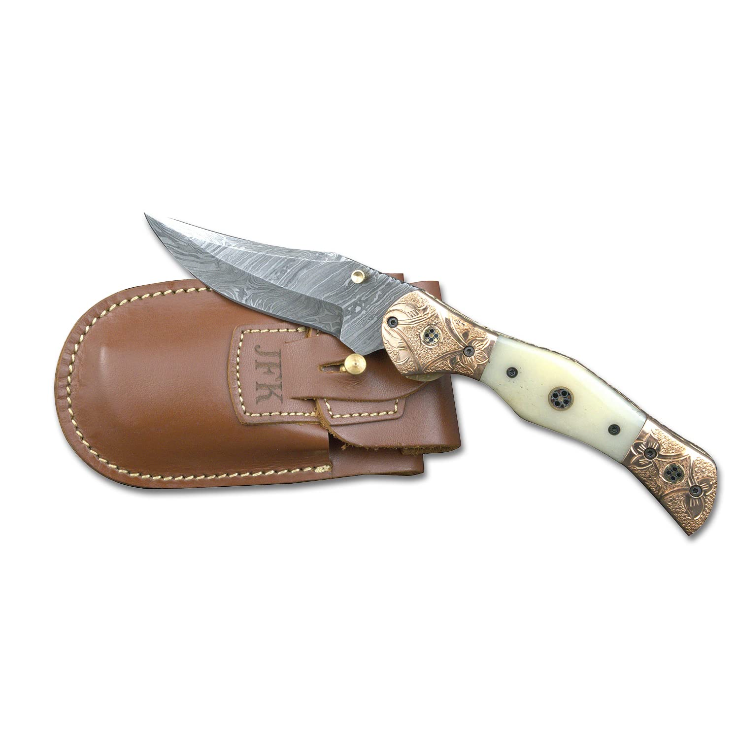 Morf Steelware Personalized Sheath Hand Forged Damascus Steel Folding Pocket Knife, Camping & Survival Knife, Handmade Damascus Steel Hunting Knife for Men