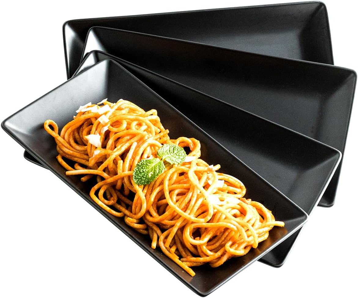 LAUCHUH Serving Platters, 10” Porcelain Serving Tray Sushi Plates Rectangular Platters for Halloween Gifts, Sushi, Dessert Cake, Appetizers, Meat, Microwave and Dishwasher Safe, Set of 4, Black Black 10 inch
