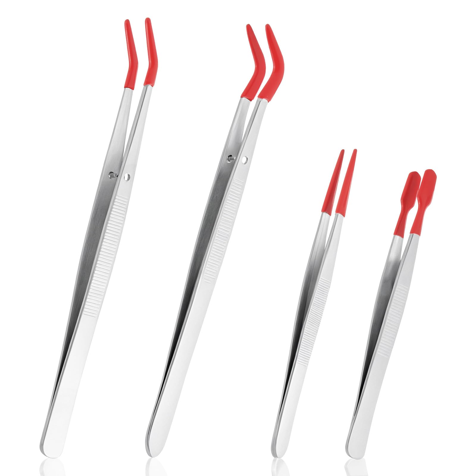4 pezzi pinzette con punta in gomma,Pinzette lunghe in acciaio inox curvo,Pinzetta piatta in acciaio inox,Pinzetta in pizzo rivestito in silicone PVC pinzette,Per artigianato gioielli industria