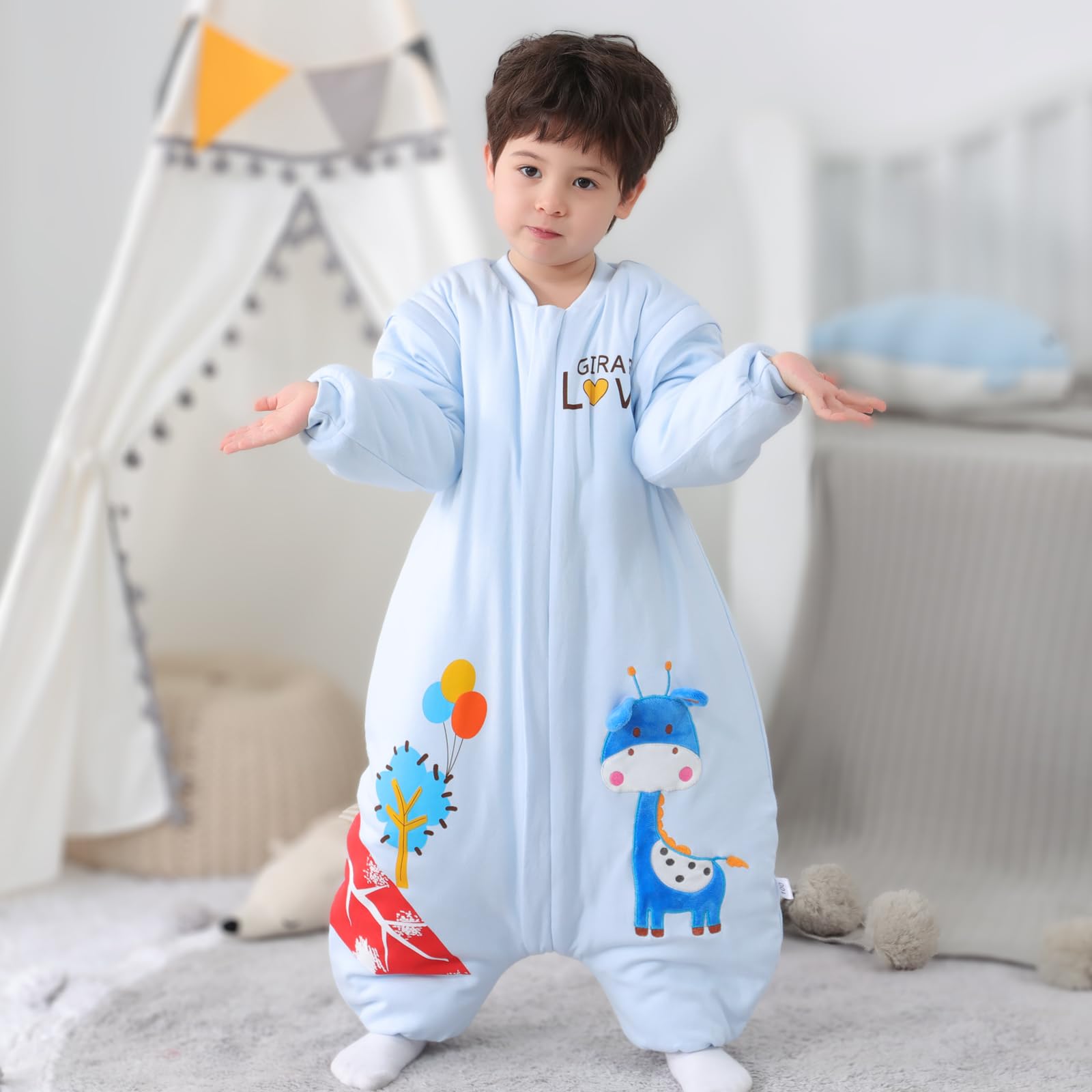 MIKAFEN Sacco nanna a maniche lunghe con piedi 3,5 tog invernale, per bambini - sacco nanna invernale con gambe - 100% cotone, Cervo blu (3-4 anni)