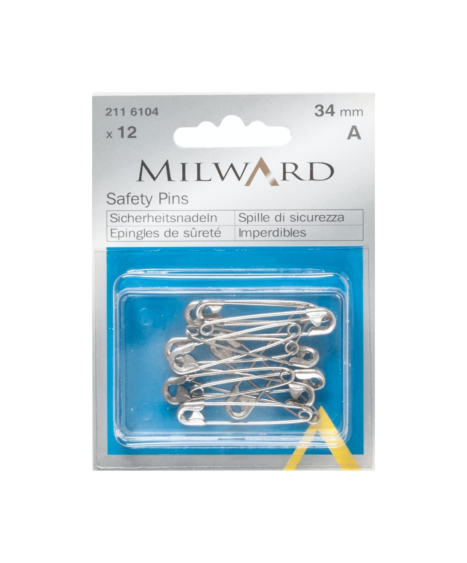 Milward Safety Pins, Silver, 34mm, 12 Pieces,2116104
