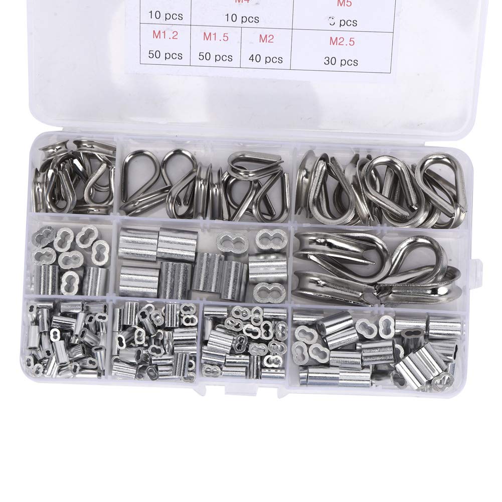 Cocoarm 225 Piezas Kit de Funda de Bucle de Prensado Juego de Dedales de Cuerda de Alambre de Acero Inoxidable de Aluminio Surtido M1.2 a M5 para Reparación de Aparejos de Cables Uso de Manitas