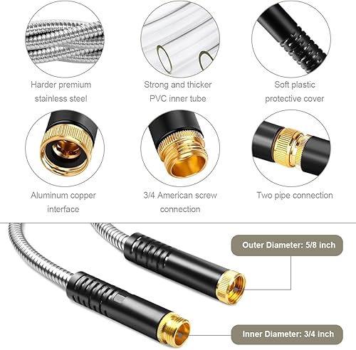 Miniatura 6 de Omont Manguera de jardín de metal de 100 pies, manguera de agua de acero inoxidable con boquilla, flexible, ligera, a prueba de pinchazos, nunca se
