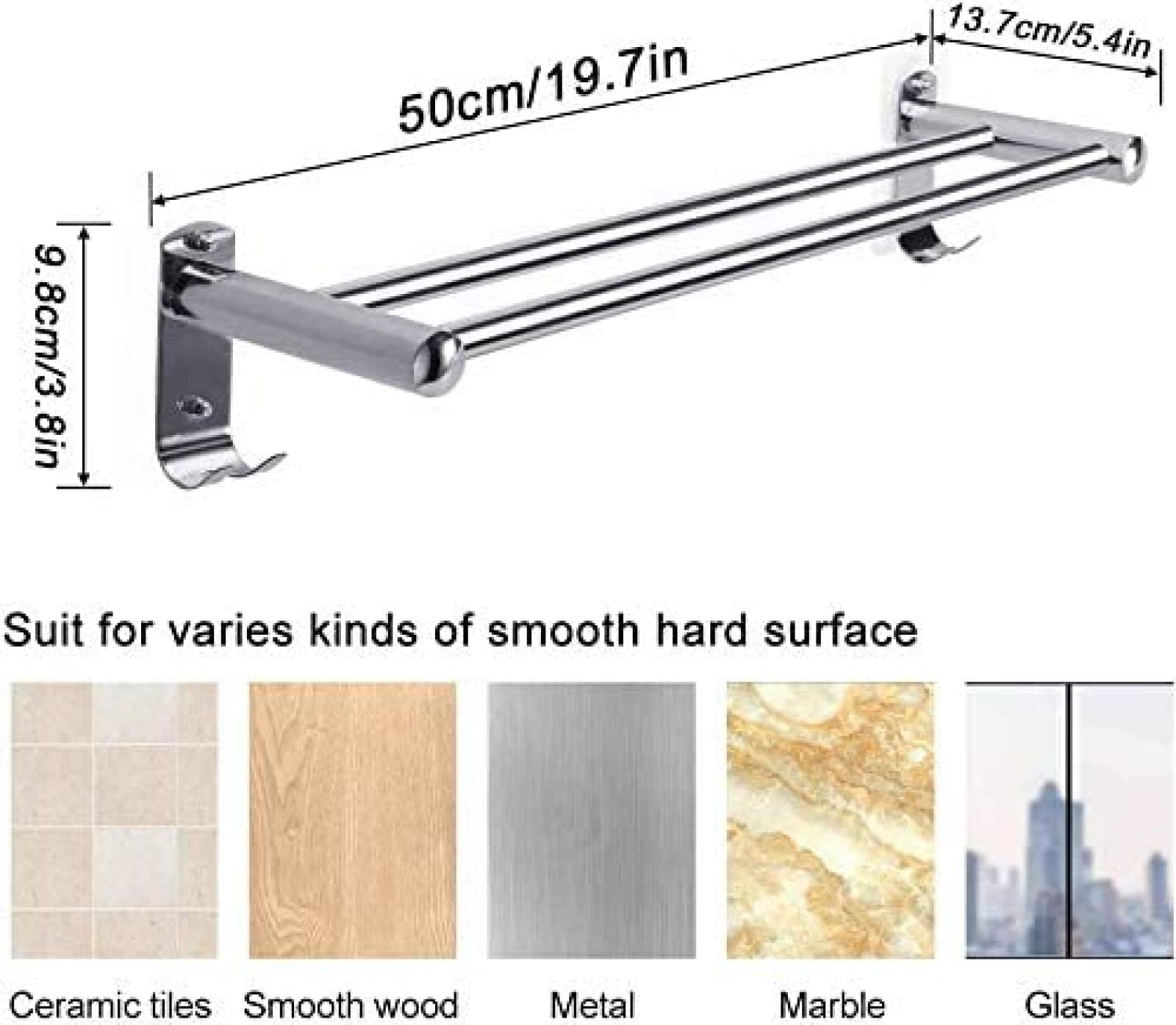 Toallero de 50 cm/20 Pulgadas montado en la Pared con Ganchos de Pared, Soporte para Toallas de Mano Autoadhesivo de 8 kg máximo con Doble Barra de acero Inoxidable Resistente al Agua, toall