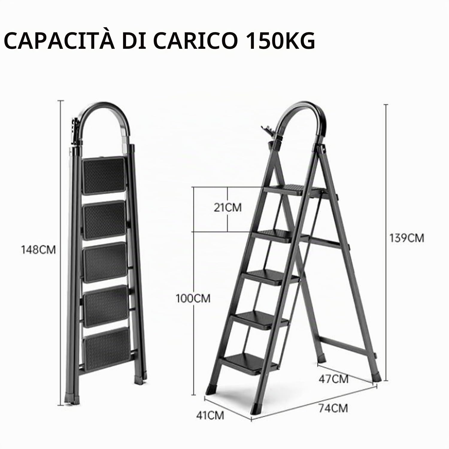 Scala con corrimano, scala pieghevole a gradini, scala con piattaforma, 3/4/5, piedini antiscivolo a ferro di cavallo, ampi gradini, per casa, cucina, giardino, 150 kg (nero, 5 gradini)