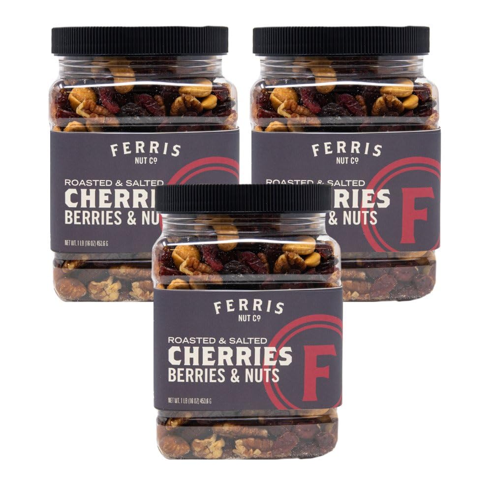 Ferris Coffee & Nut Co. Cherries Berries and Nuts with Roasted and Salted Nuts, 16 oz jar (3-pack) Healthy Snacking, Trail Mix