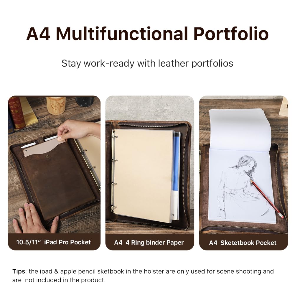 Hiram Cartella portadocumenti in pelle A4 con cerniera, multifunzione, con tasca per schizzi formato A4, tasca per tablet da 28 cm e raccoglitore a 4 anelli