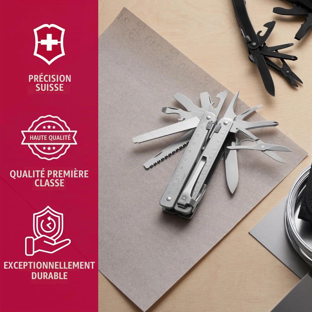 Victorinox Swiss Tool Couteau de Poche Suisse, Couteau Multifonction, 28 Fonctions, Tire Bouchon, Lame Fixe, Etui, Argent