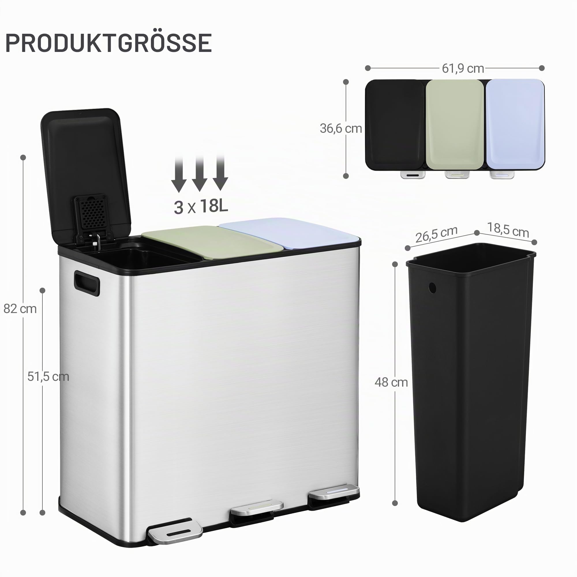 Hzuaneri Mülleimer Küche, 3 x 18 L, Mülltrennsystem 3 Fächer, Mülleimer mit Farbigem Soft-Close-Deckel und Pedal, Küchenabfalleimer mit Inneneimer, Stahl, inklusive 15 Müllbeuteln, Silber SW31899E