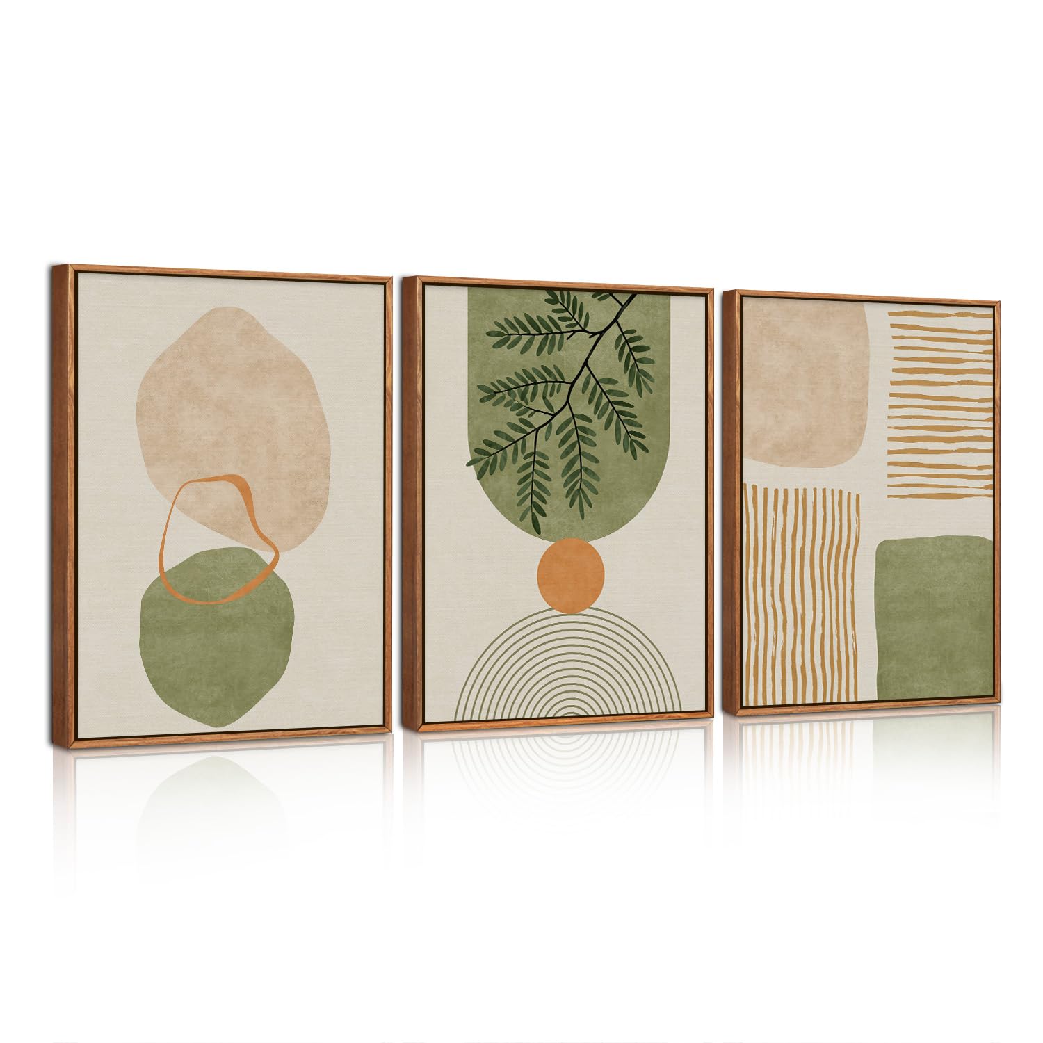 CHDITB 3 Stück Boho Wandkunst Weichgrünes Gerahmtes Leinwanddrucke Wandkunst Set Abstrakte Botanische Moderne Leinwand Wanddekoration Minimalistisches Bilder Grün Wandkunst Wohnzimmer