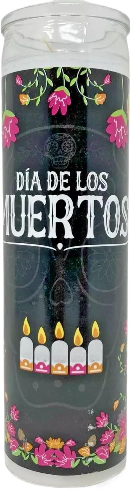 Dia de Los Muertos Decorative Candle Holder, Glass Jar with Sugar Skull Design, 8 in, Design May Vary