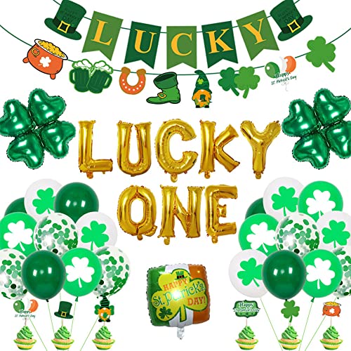 Simmpu Décorations de la Saint-Patrick Décorations de Fête à Thème Irlandais avec Bannière Chanceux Gâteau Topper Irlandais Trèfle à Quatre Feuilles Ballons pour Fournitures de Fête de Saint Patrick Cover