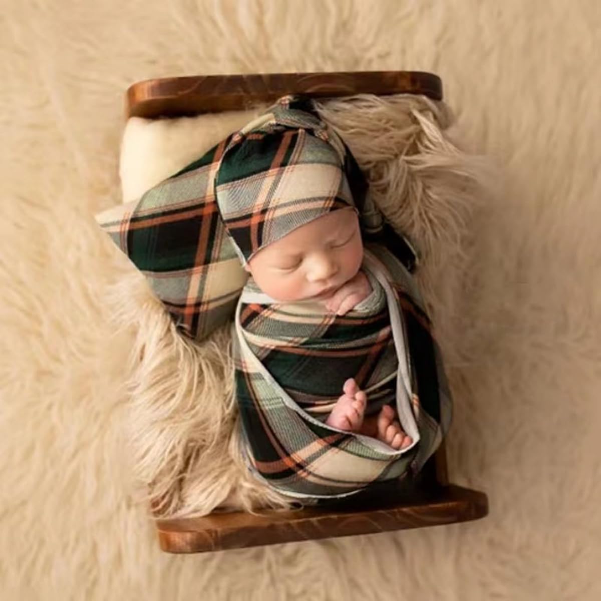 Zeroest Newborn Photo Prop Plaid Outfit Baby Boy Girl Photography Pants Hat Newborn Photoshoot Posing Layer Props Christmas (Green-02)