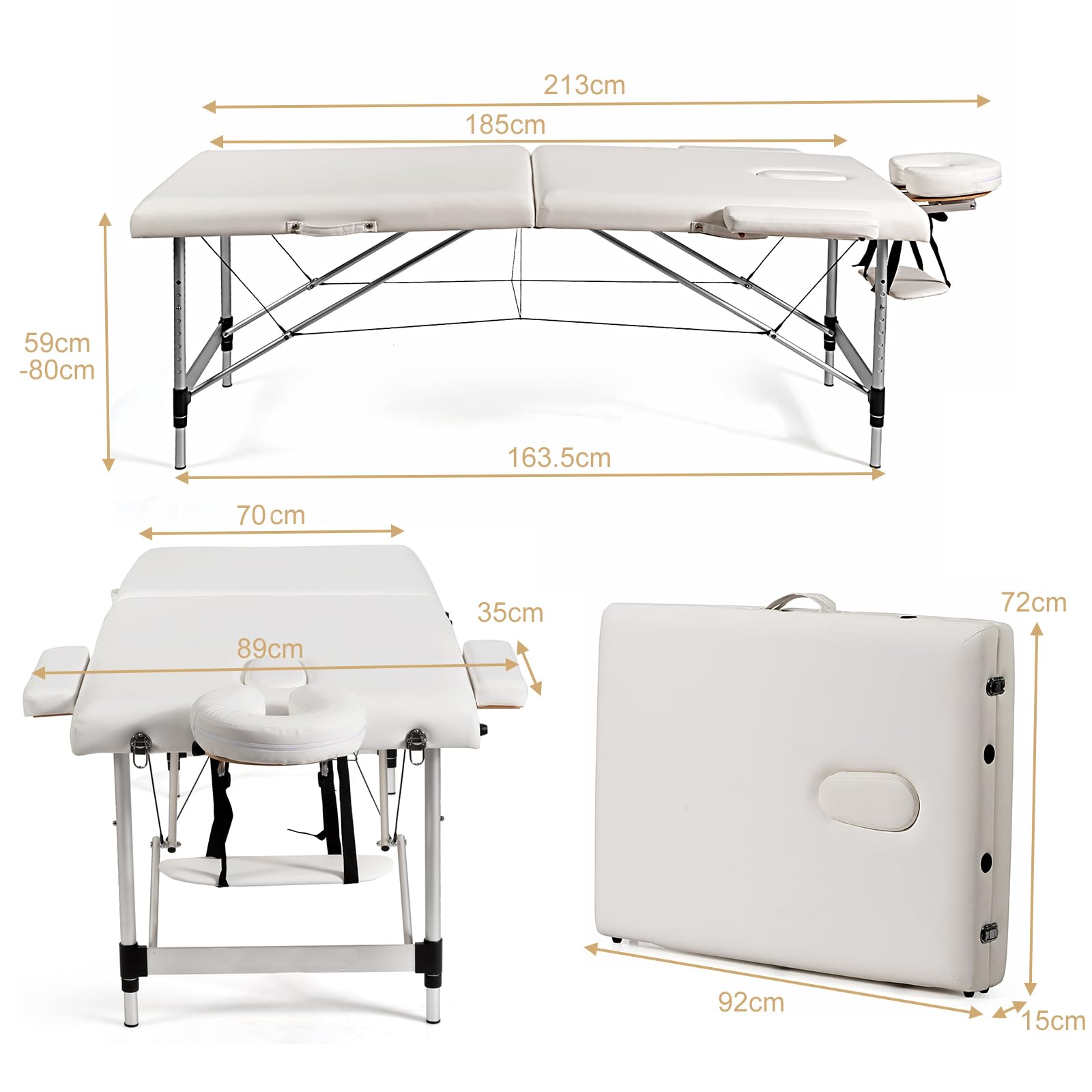 HOMASIS Cama de Masaje Plegable con reposacabezas y reposabrazos extraíbles, Regulable en Altura, portátil con Bolsa, para Fisioterapia, Carga 250 kg, 213x89x59-80 cm, Blanco