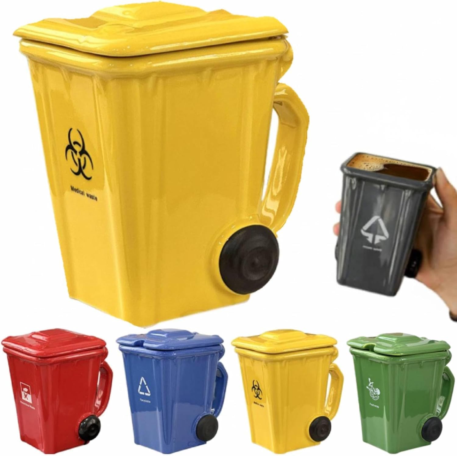 Wheelie Bin-Themed Funny Mugs, 400mL Trash Can Shaped Ceramic Coffee Cup with Complimentary Spoon, 5 Colors, Design-Led Personalised Mug - Novelty Gifts for Home & Office (Yellow)