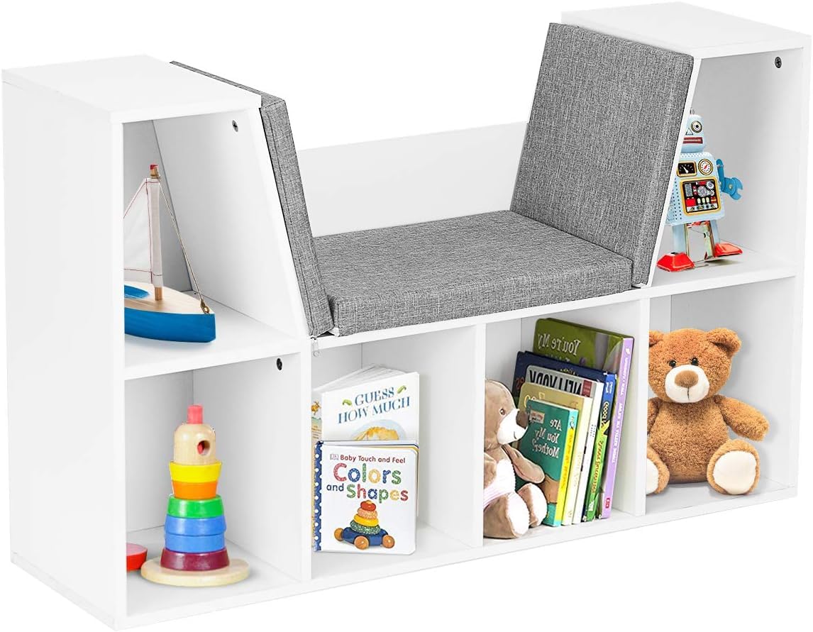 Nightcore 6-Cubby Kids Bookcase, Reading Nook Organizer with Seat Cushion, Multi-Purpose Toy Storage Organizer, Reading Corner with Bins for Bedroom, Living Room, Playroom (White)