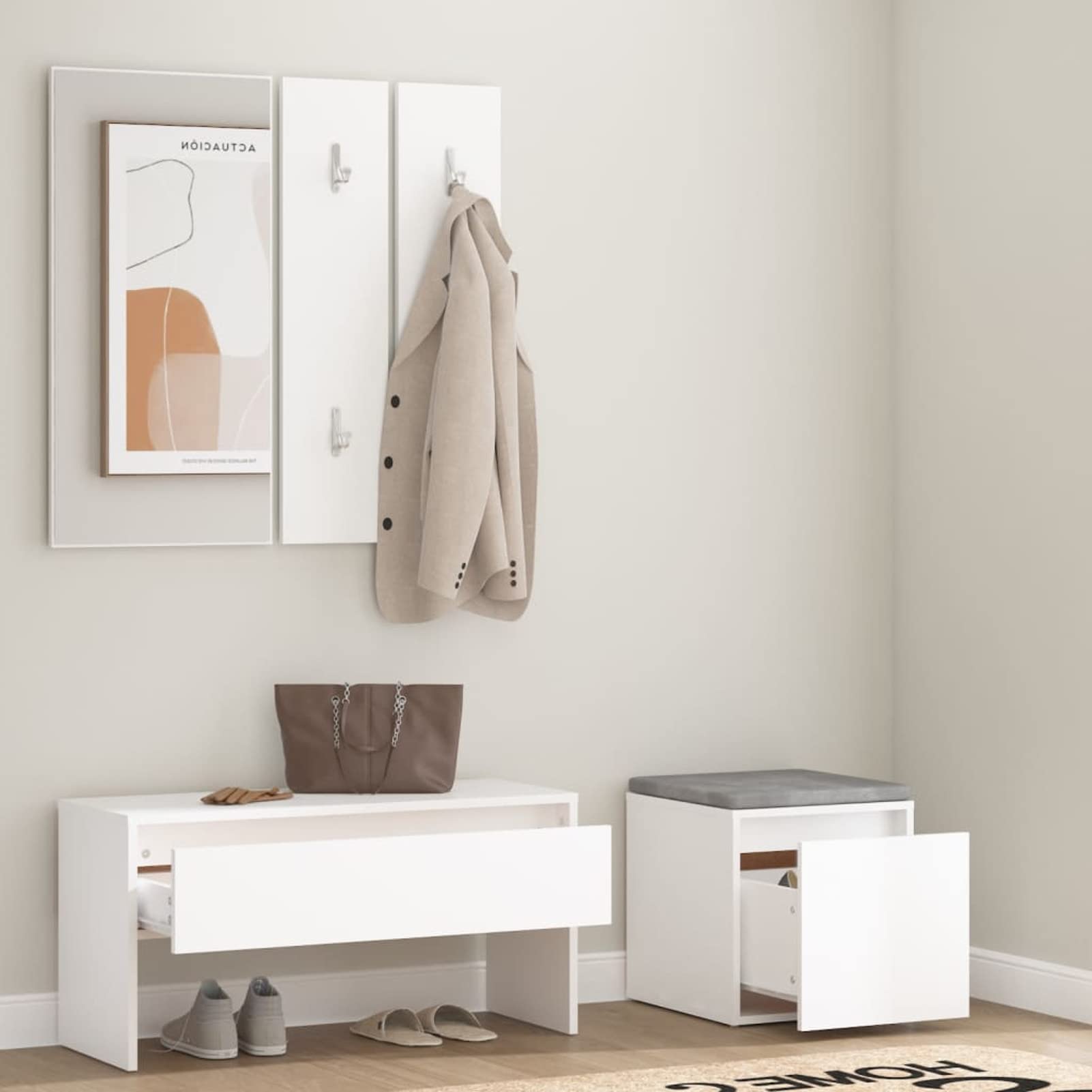 Banco de Entrada con Espejo y Perchero - Madera Contrachapada, Blanco, para Decoración y Almacenaje