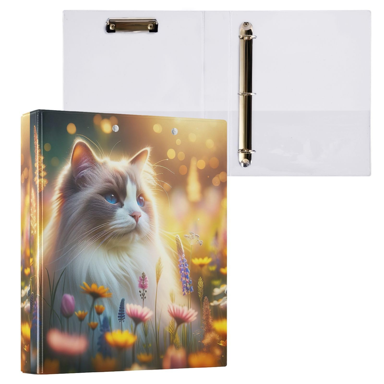 Raccoglitore a 3 anelli con motivo floreale e gatto, 3 anelli, flessibile, con tasche, per scuola, università, ufficio