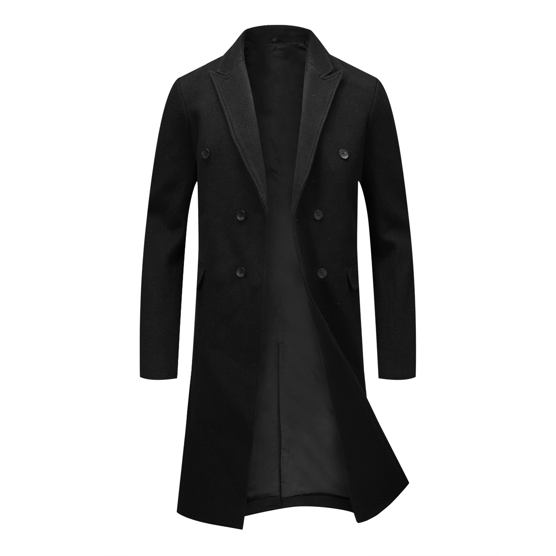 Allthemen Płaszcz zimowy, męski, długość do kolan, dwurzędowy, wełniany płaszcz, zimowy płaszcz męski, długi krój slim fit, czarny biznesowy